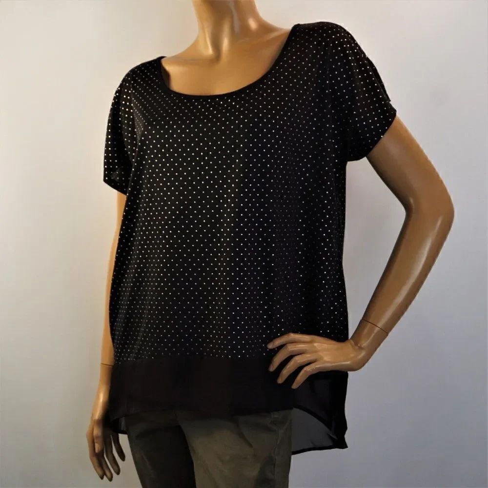 Studio Y Womens Top Swiss Dot Black Silver Contrasting Hem Size XL Blouse